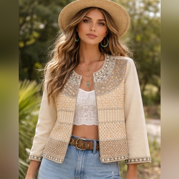 Chico's Jackets & Blazers - Chico's Cream and Tan Boho Collectible Embellished Jacket